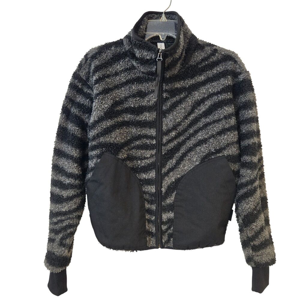 Varley Napoli Sherpa Teddy Jacket Size S Zebra Print Fleece Full Zip Cropped EUC